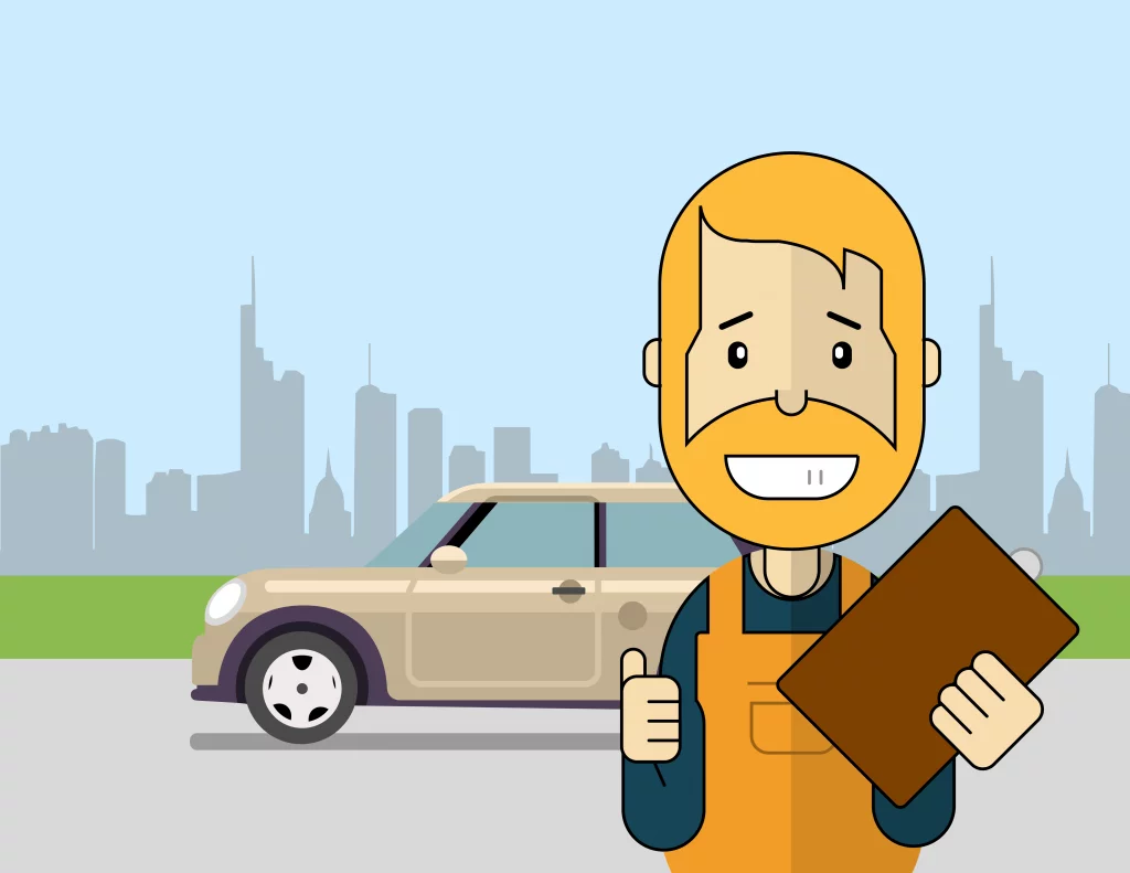 Ein Mann mit einem Stoppschild und Daumen hoch in Richtung eines Autos