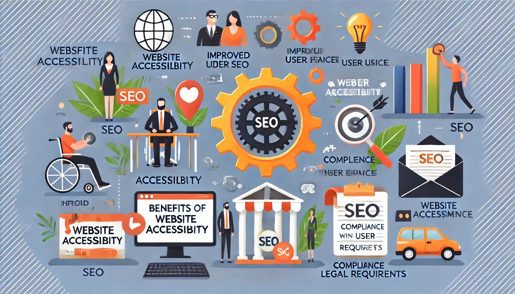 Infografik zeigt Vorteile barrierefreier Websites für SEO und Nutzerfreundlichkeit.