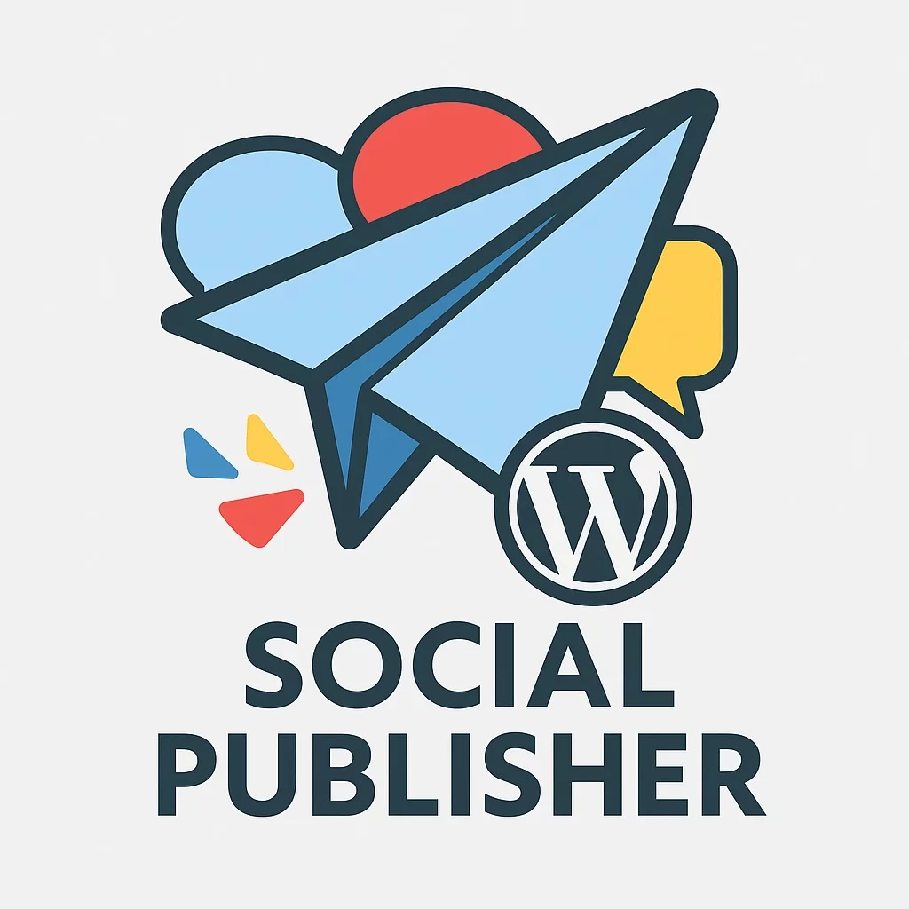 Logo mit Rakete, die aus einem WordPress-Symbol startet und soziale Medien-Icons trägt